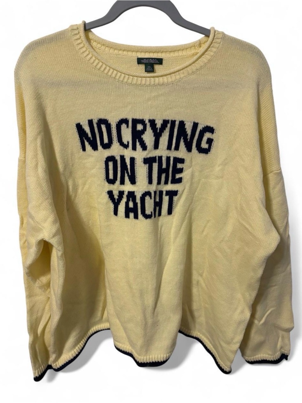 wild fable Yellow Crewneck Sweater with Navy Text “no crying on the yacht”